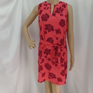 "ANN TAYLOR" CORAL & PURPLE FLORAL TIE WAIST SHIFT SLEEVELESS DRESS